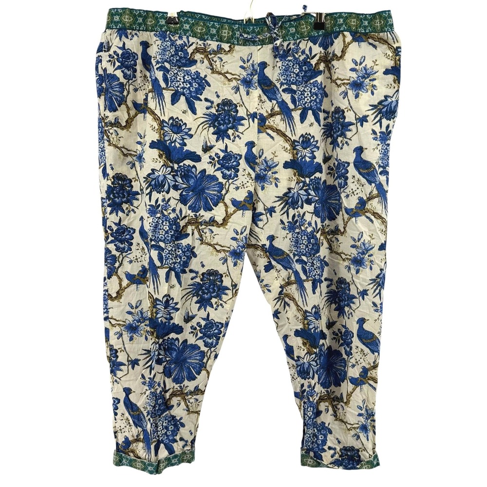 Sundance Blue Floral Bird Print Cotton Crop Lounge Pants XXL Relaxed Fit Boho
